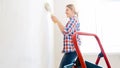 Happy smiling young woman doing renovation and painting walls with paint roller Royalty Free Stock Photo