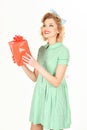 Happy smiling woman dressed in pin-up style dress, isolated Royalty Free Stock Photo