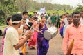 Happy smiling Woman drummer plays drum in a rally