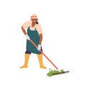 Happy smiling woman gardener cartoon character raking dried grass isolated on white background