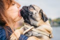 Happy smiling woman and her dog. Portrait of a girl and pet Royalty Free Stock Photo