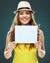 Happy smiling woman holding white blank board Royalty Free Stock Photo