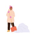 Happy smiling woman isolated cartoon character removing snow with shovel cleaning yard or road