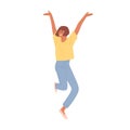 Happy smiling woman jumping from joy and success. Young energetic student celebrating achievements and victory. Colored