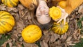happy smiling woman lies on a pile of dry leaves among large and small pumpkins Royalty Free Stock Photo
