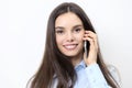 Happy smiling woman mobile phone talking in white Royalty Free Stock Photo