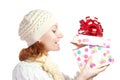 Happy smiling woman opening christmas gift Royalty Free Stock Photo
