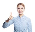 Happy smiling woman showing thumb up isolated on white background. Success in business and education concept Royalty Free Stock Photo
