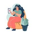 Happy smiling woman with tablet sitting in a chair. Concept of successful online order. Vector flat illustration