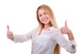 Happy smiling woman with thumbs up gesture, isolated over white background Royalty Free Stock Photo