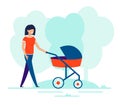 Happy Smiling Woman Walking with Baby in Pram Royalty Free Stock Photo