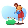 Happy smiling woman watering blooming flowers