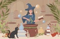 Happy smiling woman in witch hat and blue dress preparing magic poison using book vector flat illustration. Royalty Free Stock Photo