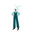 Happy smiling worker in blue pants standing in front of windmill. Vector illustration in cartoon style.