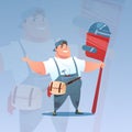 Happy Smiling Workman Holding Big Wrench International Labor Day Concept