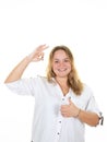Happy smiling young beautiful business woman with okay gesture showing thumb up sign on white background Royalty Free Stock Photo