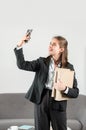 Happy smiling young business woman freelancer or ceo employee making phone call in office. Pretty accountant girl at Royalty Free Stock Photo