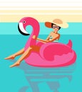 Happy smiling young girl in a swimsuit, glasses and a hat sits on an inflatable pink flamingo in the pool. Retro style. Pop art. S Royalty Free Stock Photo