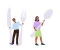 Happy smiling man and woman cartoon character holding huge spoon, fork and knife isolated on white Royalty Free Stock Photo