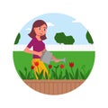 Happy smiling young woman character watering blooming flowers from can in front garden. Pretty girl growing plants
