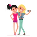 Happy smiling young women best friends taking selfie photo. Flat character isolated on white background.