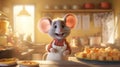 A happy smilling mouse standing behind the counter in their cottage kitchen in the sunset.Generative AI