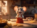 A happy smilling mouse standing behind the counter in their cottage kitchen in the sunset.Generative AI
