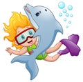 Happy snorkeling girl with a dolphin Royalty Free Stock Photo