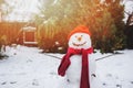 Happy snow man in the garden or backyard