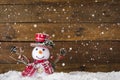 Happy snowman against wooden background with copy-space, as a concept for Merry Christmas and happy new year greeting card Royalty Free Stock Photo