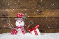 Happy snowman against wooden background with copy-space, as a concept for Merry Christmas and happy new year greeting card Royalty Free Stock Photo