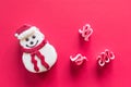 Snowman cake and ribbon candy on red background