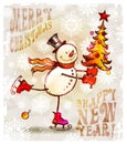 Happy snowman with christmas tree Royalty Free Stock Photo