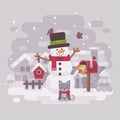 Happy Snowman In A Hat And Scarf With A Cute Kitten, Mailbox And Birdhouse