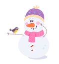 Happy snowman holding cute bird, funny snowy character in wool pink scarf and hat Royalty Free Stock Photo