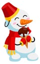 Happy snowman with ice cream. Tasty dessert for winter mascot