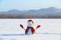 Happy snowman with ice pikestaff is standing on the snow lawn. Field in snow. Mountains on the background. Winter day.