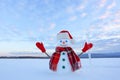 Happy snowman with ice pikestaff is standing on the snow lawn. Field in snow. Mountains on the background. Cold winter day.