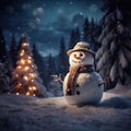 A happy snowman, night warm photo, snow landscape, winter, Merry Christmas and happy new year, macro photography, with white space