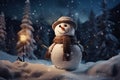 A happy snowman, night warm photo, snow landscape, winter, Merry Christmas and happy new year, macro photography, with white space