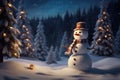 A happy snowman, night warm photo, snow landscape, winter, Merry Christmas and happy new year, macro photography, with white space Royalty Free Stock Photo