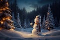 A happy snowman, night warm photo, snow landscape, winter, Merry Christmas and happy new year, macro photography, with white space Royalty Free Stock Photo