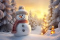 A happy snowman standing on the background of a Christmas landscape with lanterns in the snow Royalty Free Stock Photo