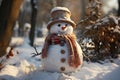 Happy snowman standing in christmas landscape Royalty Free Stock Photo
