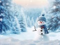 Happy snowman standing in Christmas landscape. copy space Royalty Free Stock Photo