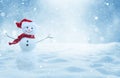 Snowman standing in christmas landscape.Snow background.Winter fairytale.Merry christmas and happy new year greeting card Royalty Free Stock Photo