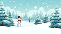 Happy snowman standing in Christmas winter landscape, Snow background Royalty Free Stock Photo