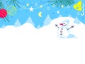 Christmas card with a snowman standing in a snowy forest