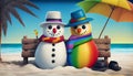 Happy snowman standing in seaside landscape. Winter fairytale.