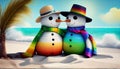 Happy snowman standing in seaside landscape. Winter fairytale. Royalty Free Stock Photo